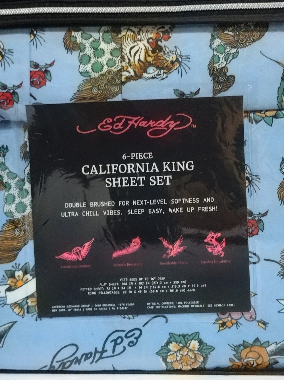 Ed Hardy California King 6-Piece Sheet Set in Light Blue